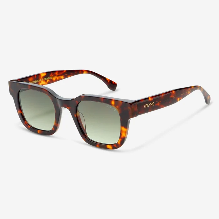 Tortoiseshell rectangular sunglasses with gradient green lenses