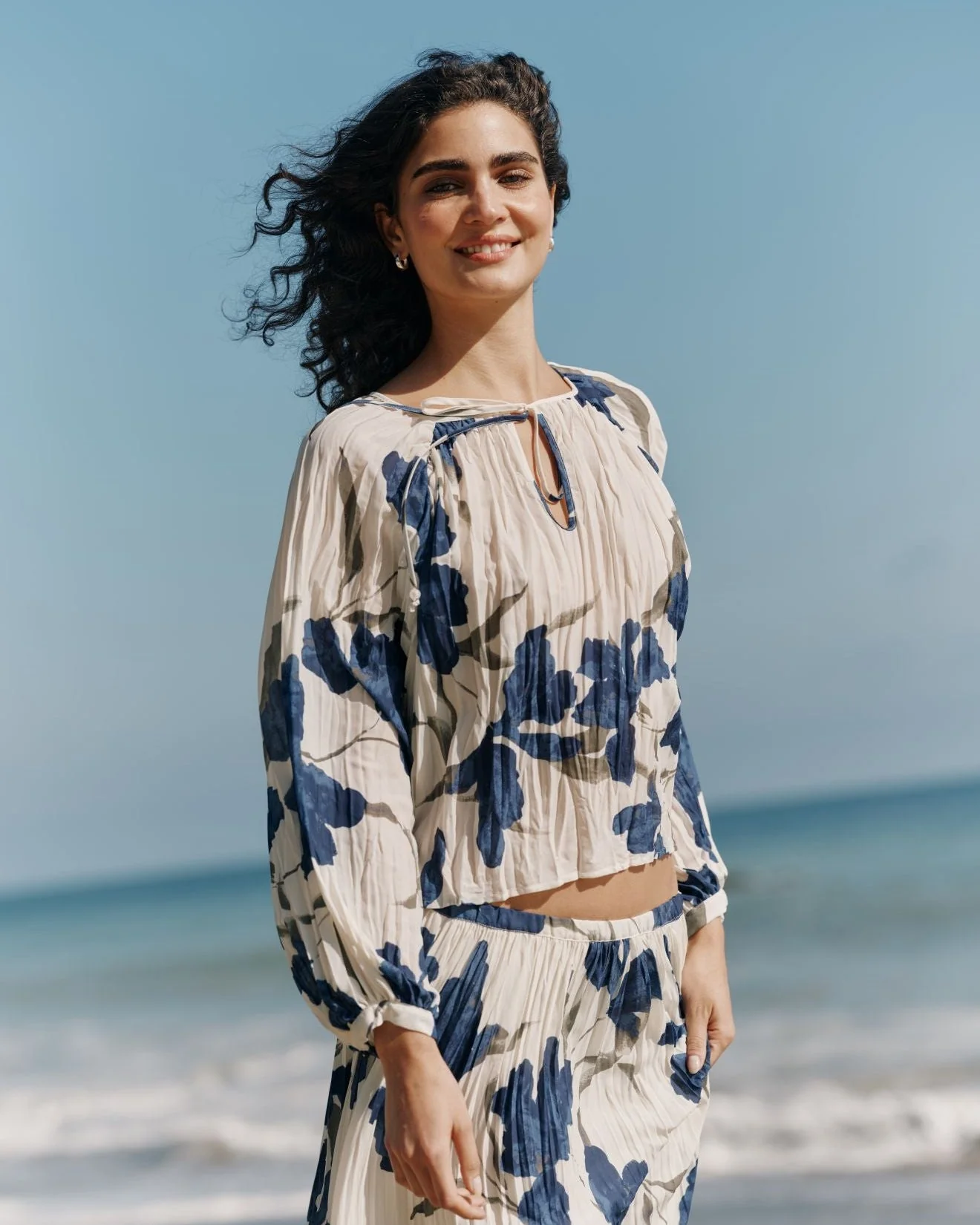 Pleated Tie Front Top - Indigo Iris