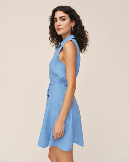 Sleeveless Seamed Shirt Dress in blue linen with collar, button front, and waist tie by BELLA DAHL