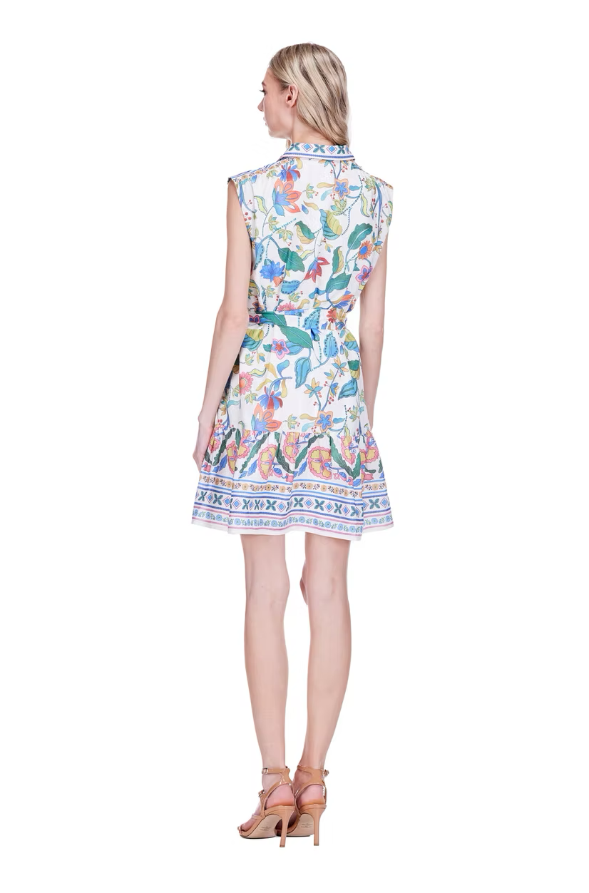 Front Placket Shirt Dress with floral print, waist tie, and sleeveless cut by JOY JOY