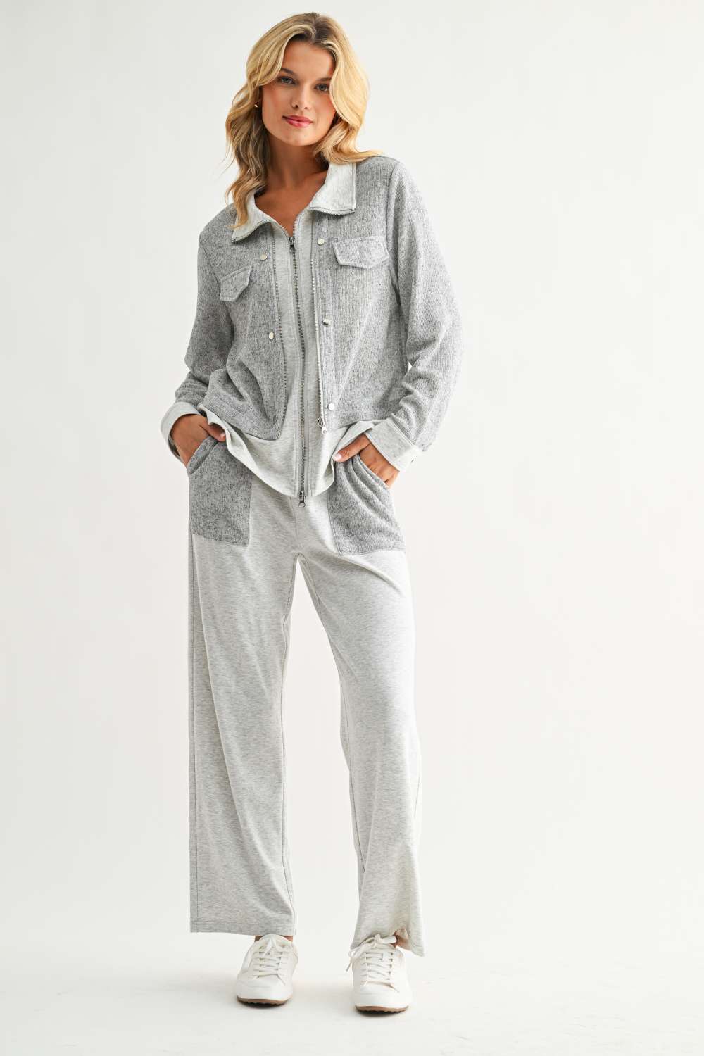 Jeannie Pant in gray and white with elastic waist, relaxed fit, and contrast patch pockets by JOH APPAREL