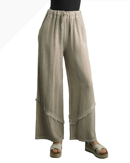Palazzo Pants in beige wash linen with wide-leg fit and frayed hem from TEMPO PARIS Women's Pants HCO