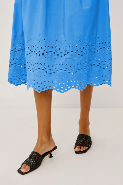 Roxanne - Harbor Blue cotton midi dress with scalloped seashell eyelet hem by RAILS