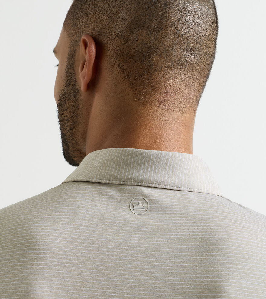 Highlands Performance Jersey Polo in beige stripes with moisture wicking and UPF 50+ protection