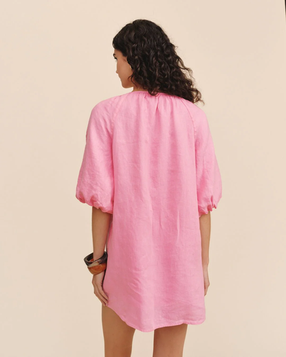 Pullover Puff Sleeve Dress in pink linen with relaxed fit, personally curated Fredericksburg style