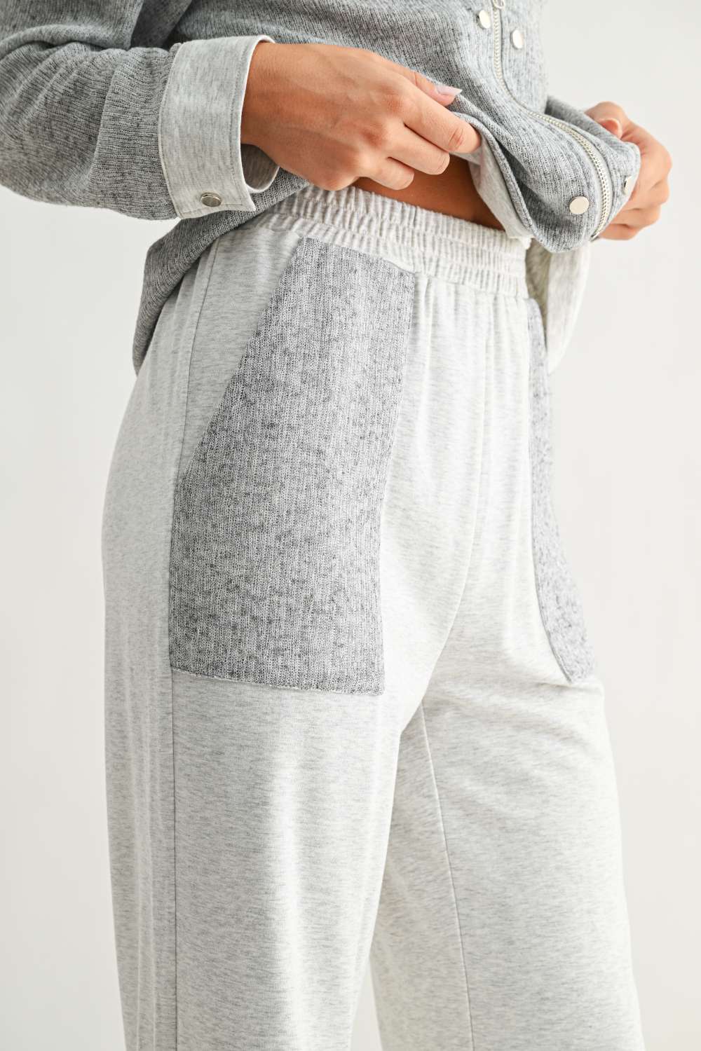 Jeannie Pant in gray and white with soft elastic waist and textured patch pockets by JOH APPAREL