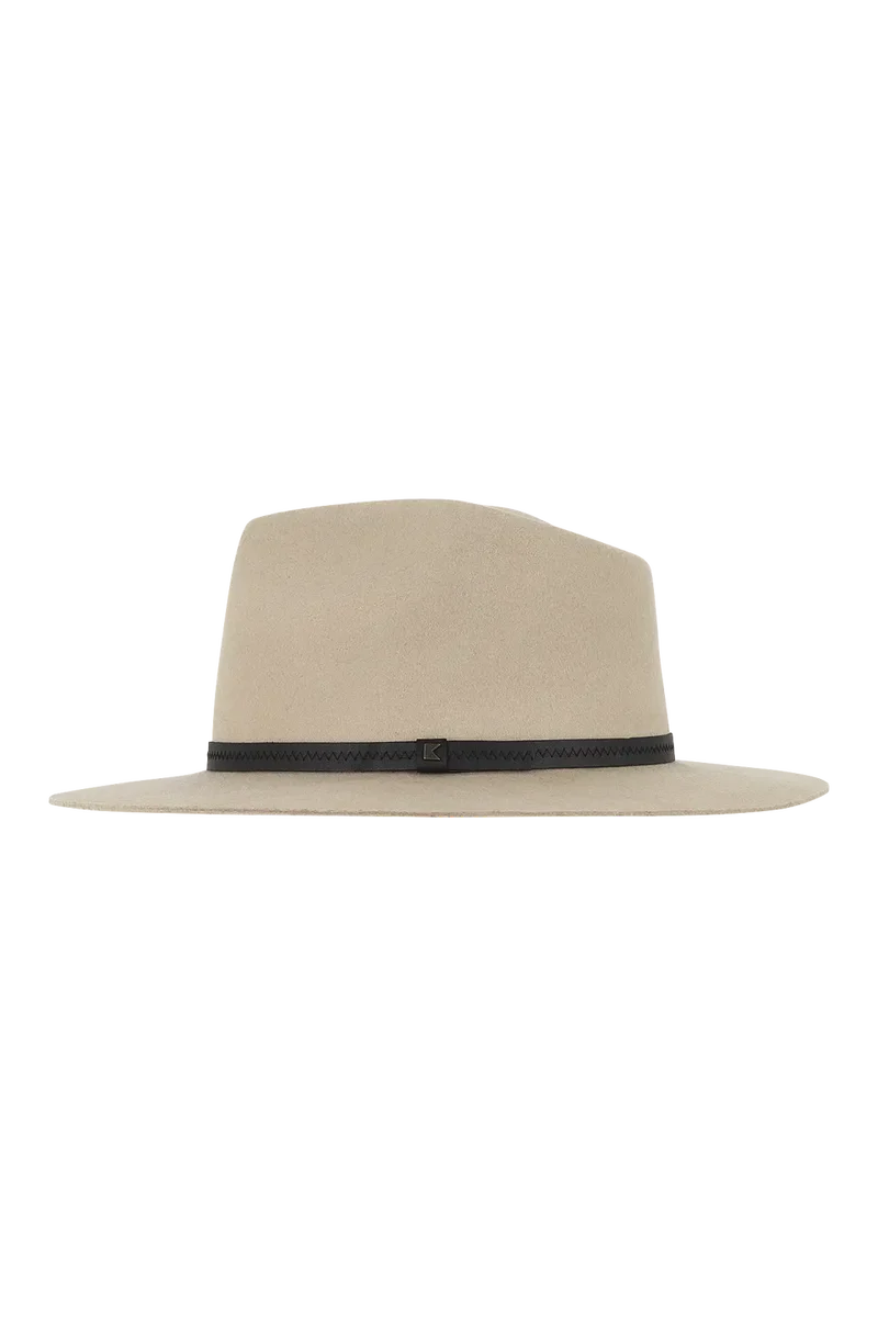Goodwin Wide Brim Fedora in beige Australian Merino wool with slim black band, KOORINGAL HEADWEAR