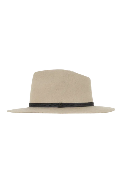 Goodwin Wide Brim Fedora in beige Australian Merino wool with slim black band, KOORINGAL HEADWEAR