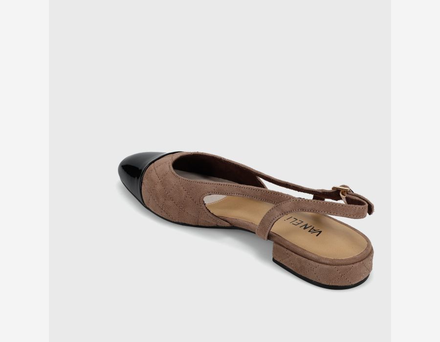 Trill - Military Suede brown quilted slingback with patent black cap toe and adjustable buckle by VANELI