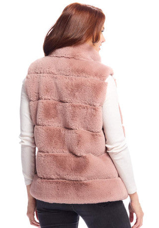 Rosewood faux-fur vest back view with horizontal panel quilting