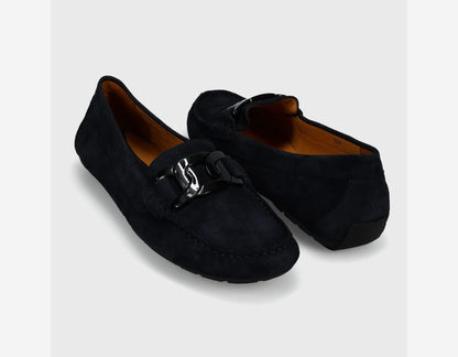 Aiker - Navy Suede ultra-soft glove leather moccasins with chain accent and rubber sole