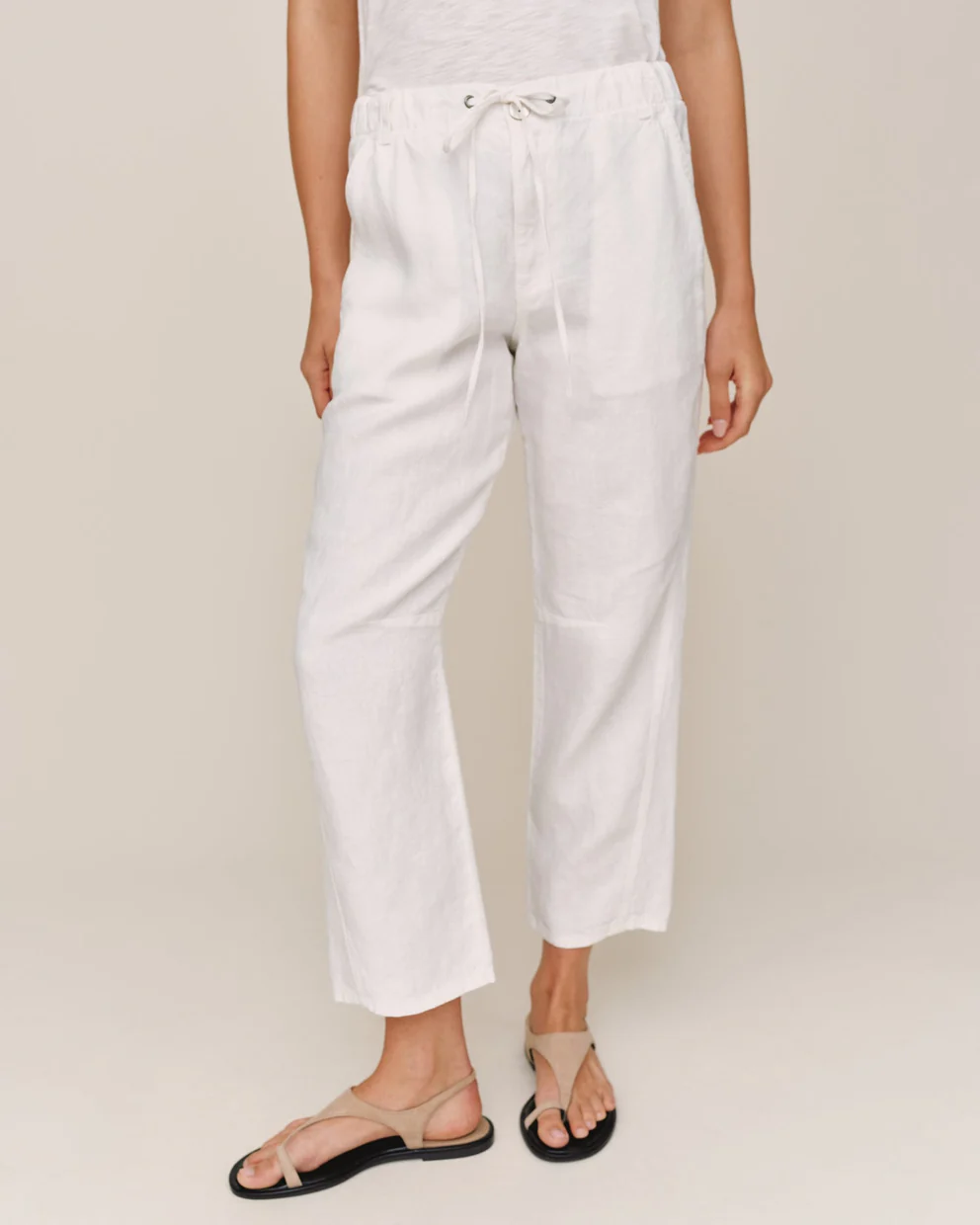 Soft Barrel Zip Front white stretchable pants with drawstring waist and pockets by BELLA DAHL