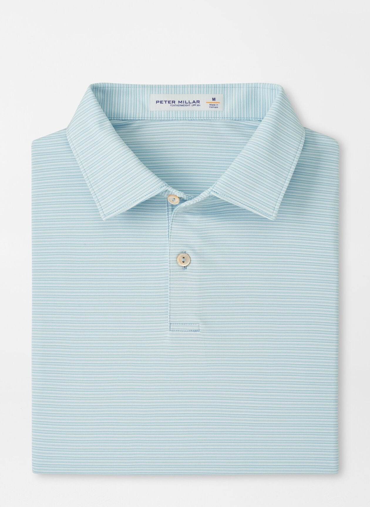 Featherweight Trading Stripe Performance Polo in light blue stripes with moisture wicking and UPF 50+ protection
