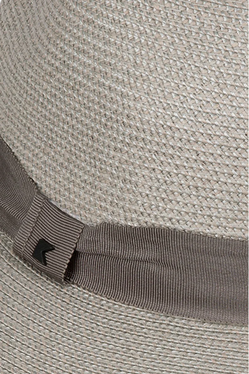 Universal Safari - Cypress close-up on gray woven fedora with grosgrain ribbon, KOORINGAL HEADWEAR