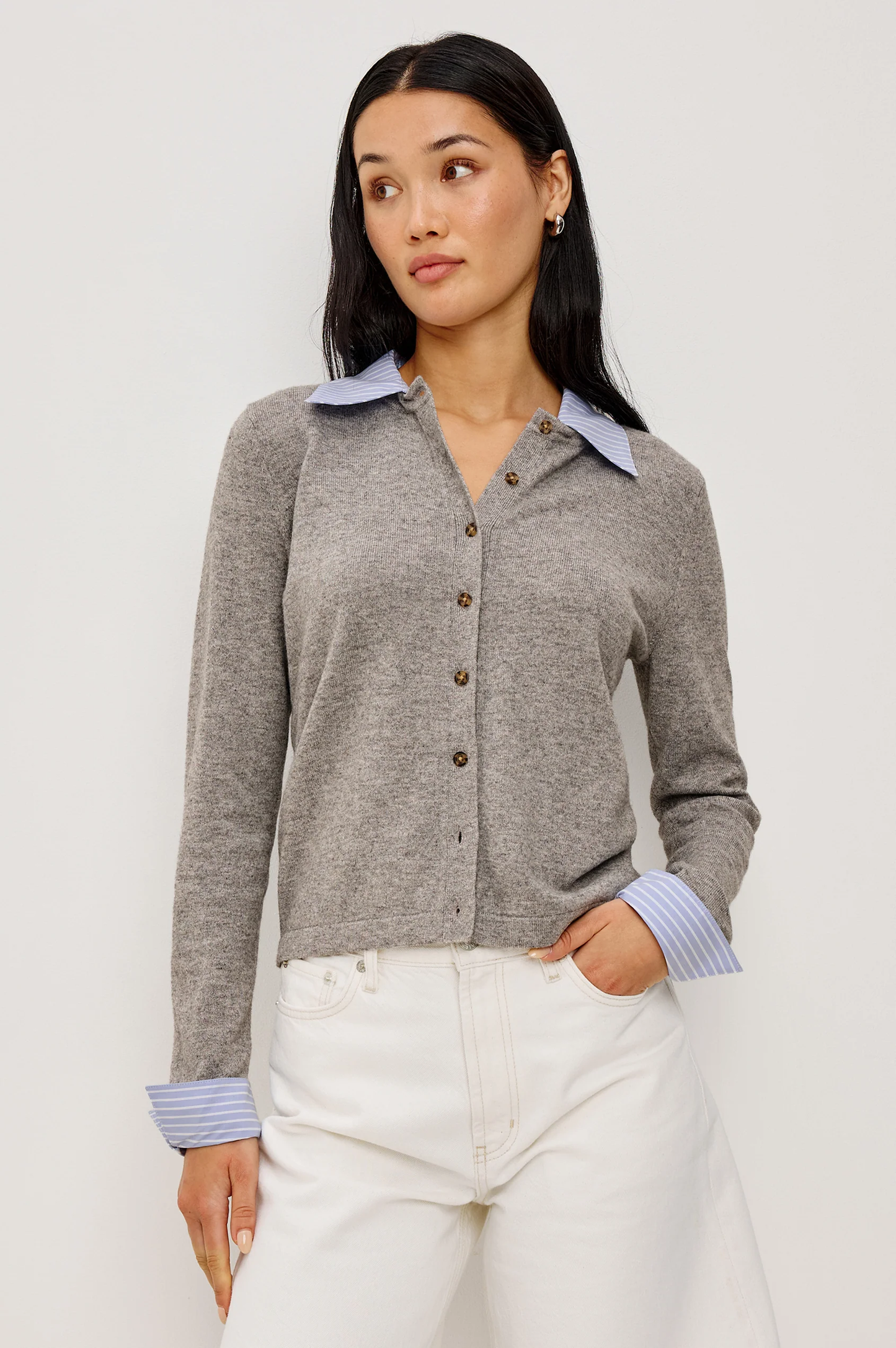 ERYN -HEATHER GREY POPLIN MIX gray cotton blend cardigan with removable striped collar and cuffs