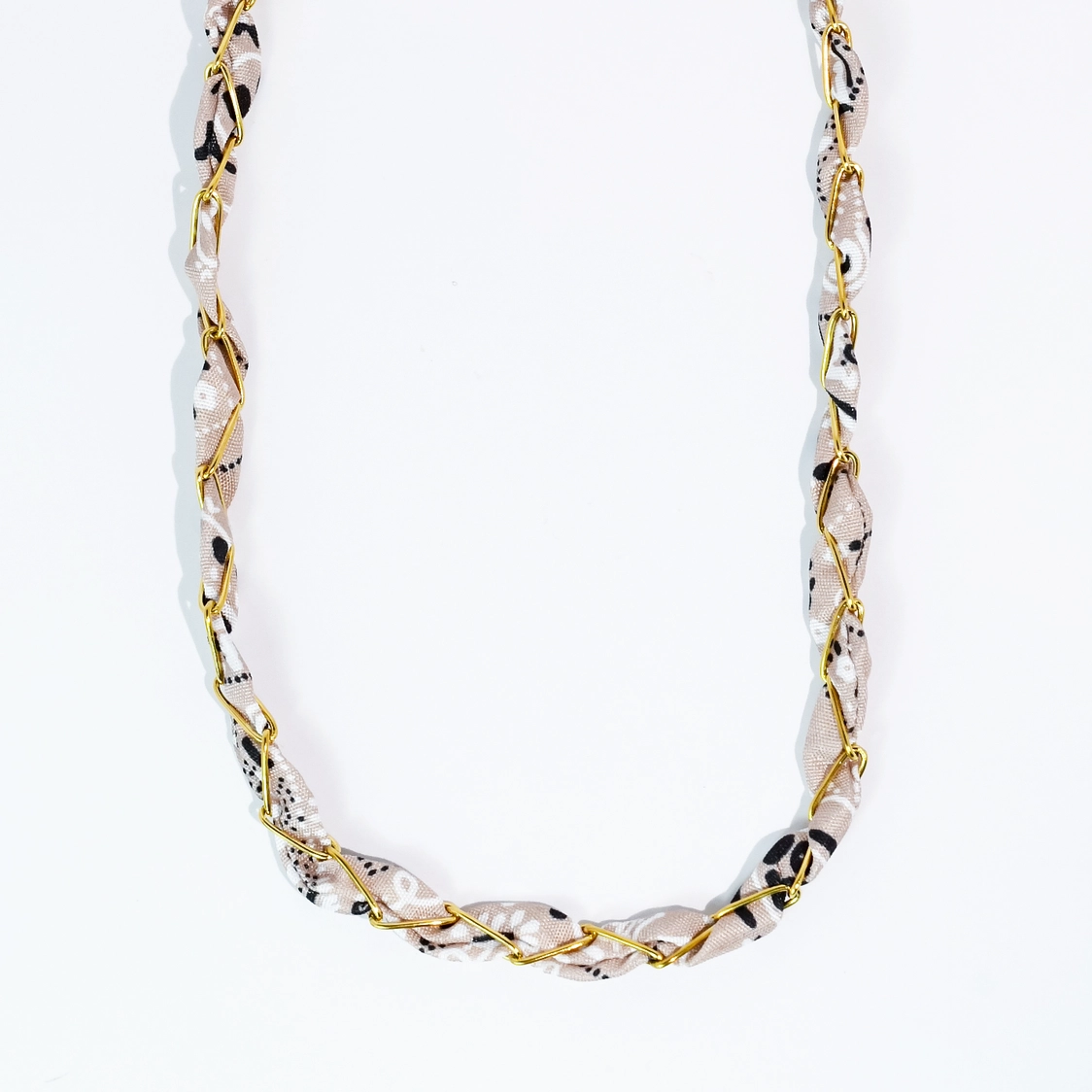 Bandana Twist Necklace - Nude with animal print fabric and gold chain, TREASURE JEWELS Women's Jewelry