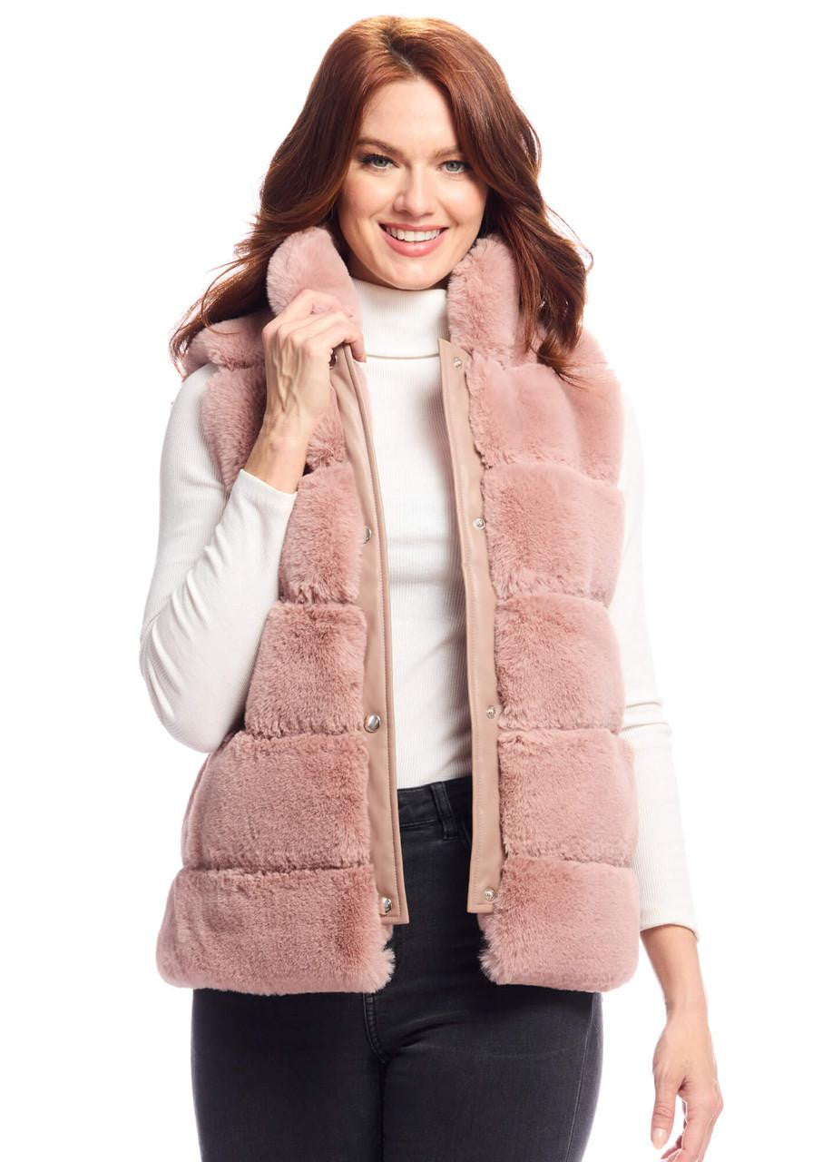 Rosewood faux-fur snap vest with stand collar, front pockets and button placket