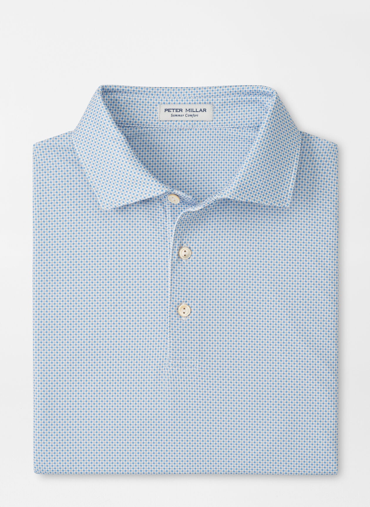 Phoenix Performance Jersey Polo with light blue geometric design, moisture wicking, UPF 50+ protection