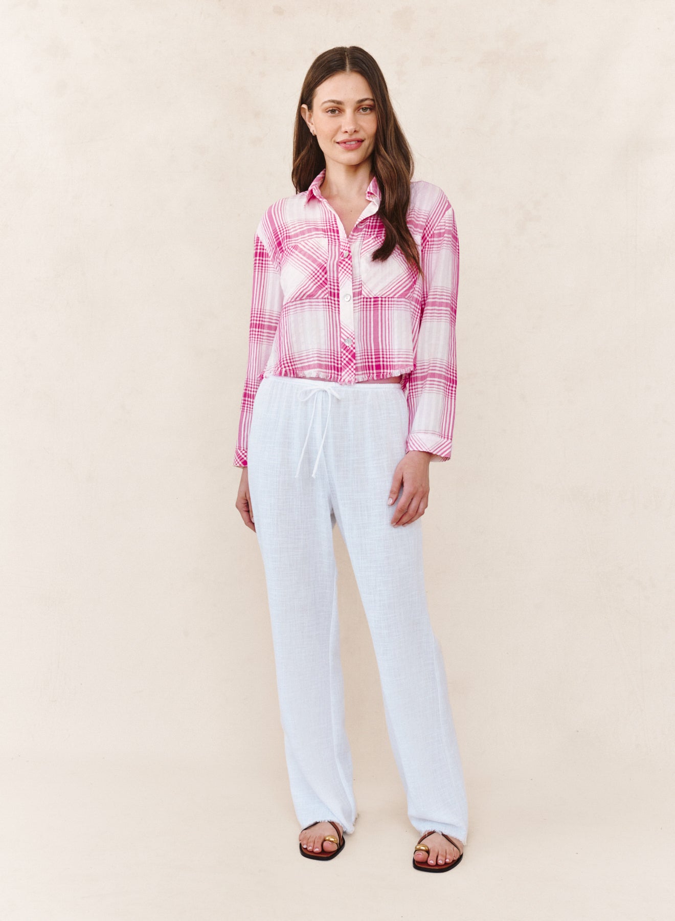 TWO POCKET FRAY HEM CROP SHIRT in pink plaid, breathable fabric, from Fredericksburg boutique