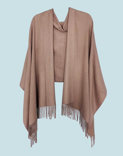 Soft cashmere shawl/scarf in taupe brown with long fringe tassels