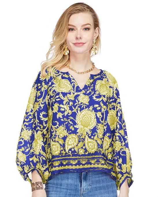 Peasant Bishop Sleeve Top - Purple/Gold Vines