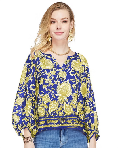 Peasant Bishop Sleeve Top - Purple/Gold Vines