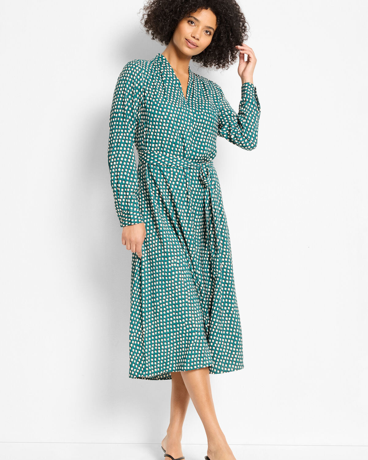 Shadow Dot Olivia Dress in green dot pattern with self-tie belt, NIC AND ZOE, Women's Dresses & Jumpsuits