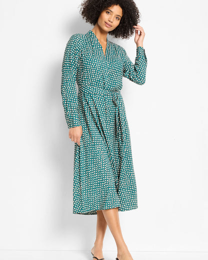 Shadow Dot Olivia Dress in green dot pattern with self-tie belt, NIC AND ZOE, Women's Dresses & Jumpsuits