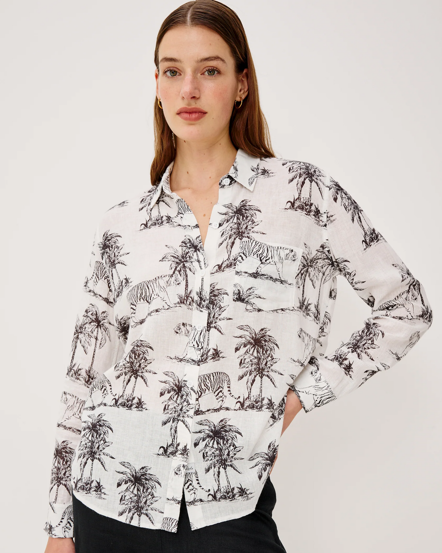 Charli - Ivory Bengal white linen blend shirt with animal and palm print by RAILS