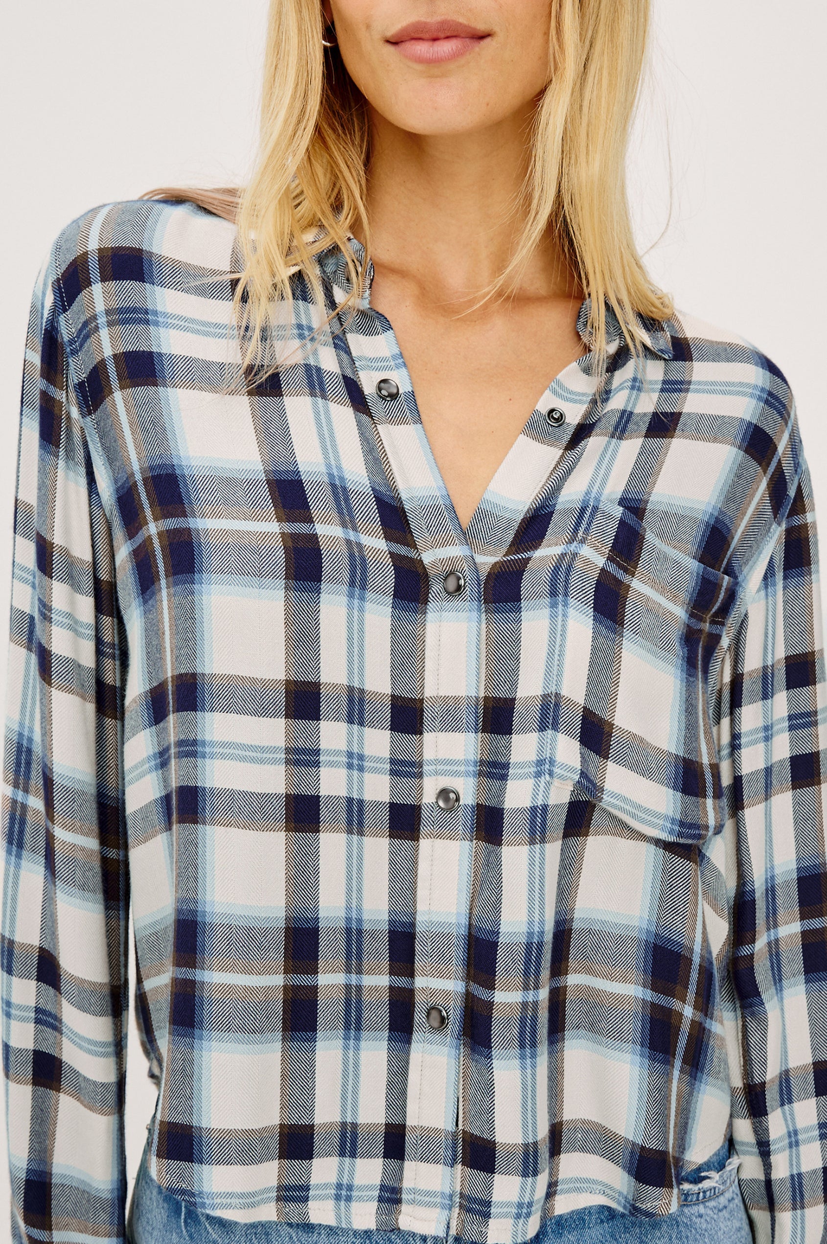 Malin - Ecru Midnight RAILS women's plaid cropped long sleeve button up shirt