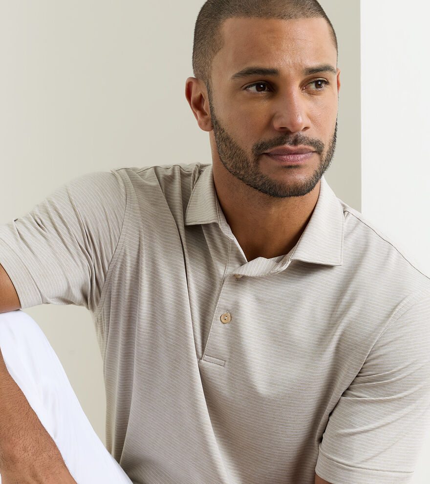 Highlands Performance Jersey Polo in beige stripes with moisture wicking and UV protection