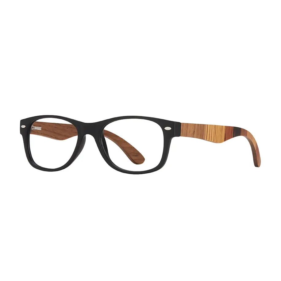 River eyeglasses, matte onyx black frame with multi-wood temple accents