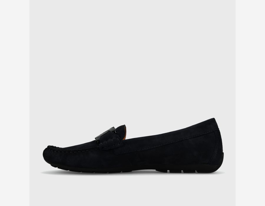 Aiker - Navy Suede moccasin with chain accent and padded leather insole by VANELI