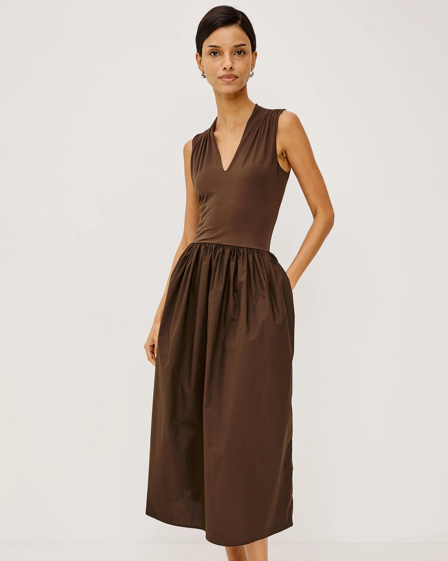 Winnie - Espresso RAILS women's brown modal jersey and cotton poplin dress