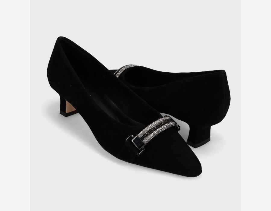 Torey - Black Suede pointed pump with two-tone diamanté strap, padded insole, 1.5" heel by VANELI