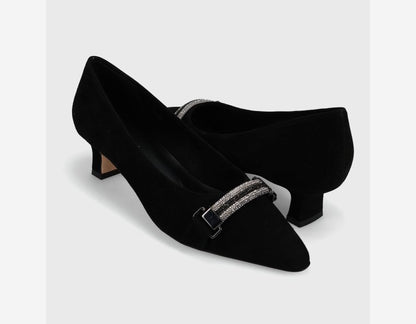 Torey - Black Suede pointed pump with two-tone diamanté strap, padded insole, 1.5" heel by VANELI
