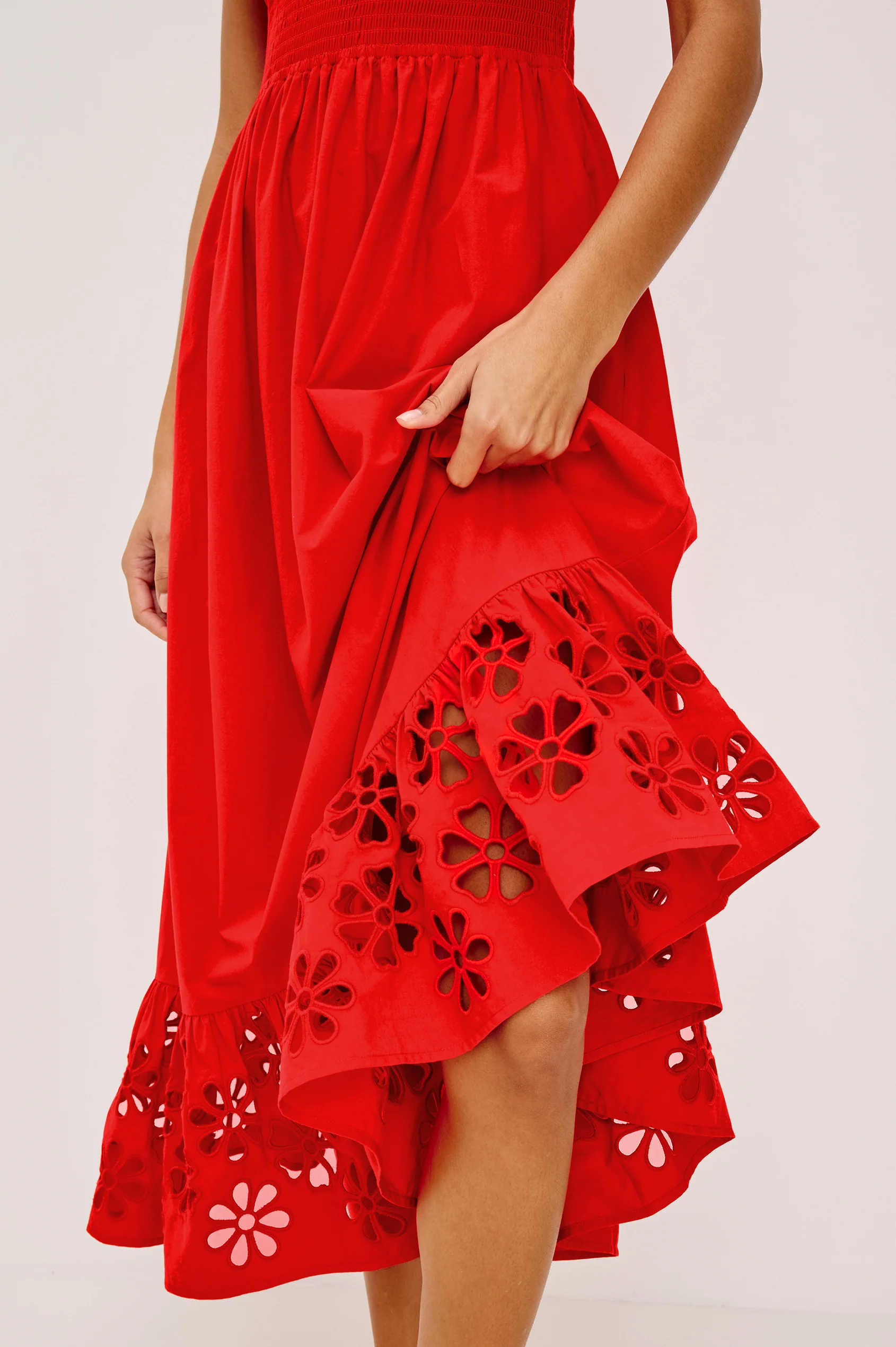 Moira - Scarlet cotton midi dress with floral cutwork hem and smocked waist by RAILS
