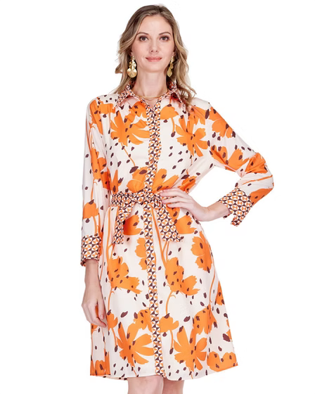 Wild Ember shirtdress front with patterned yoke, button closure, long cuffed sleeves