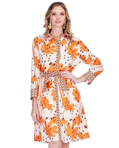 Wild Ember shirtdress front with patterned yoke, button closure, long cuffed sleeves