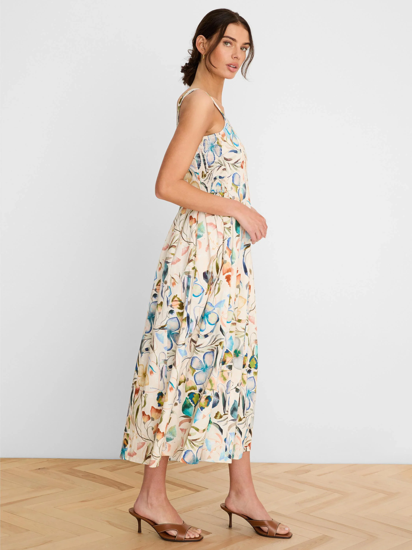 Pressed Flowers Dress with colorful floral print, flowy silhouette, and adjustable straps by NIC AND ZOE
