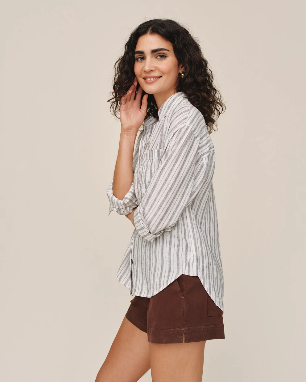 Long Sleeve Oversize Pocket Shirt striped linen blend with relaxed fit by BELLA DAHL at HCO