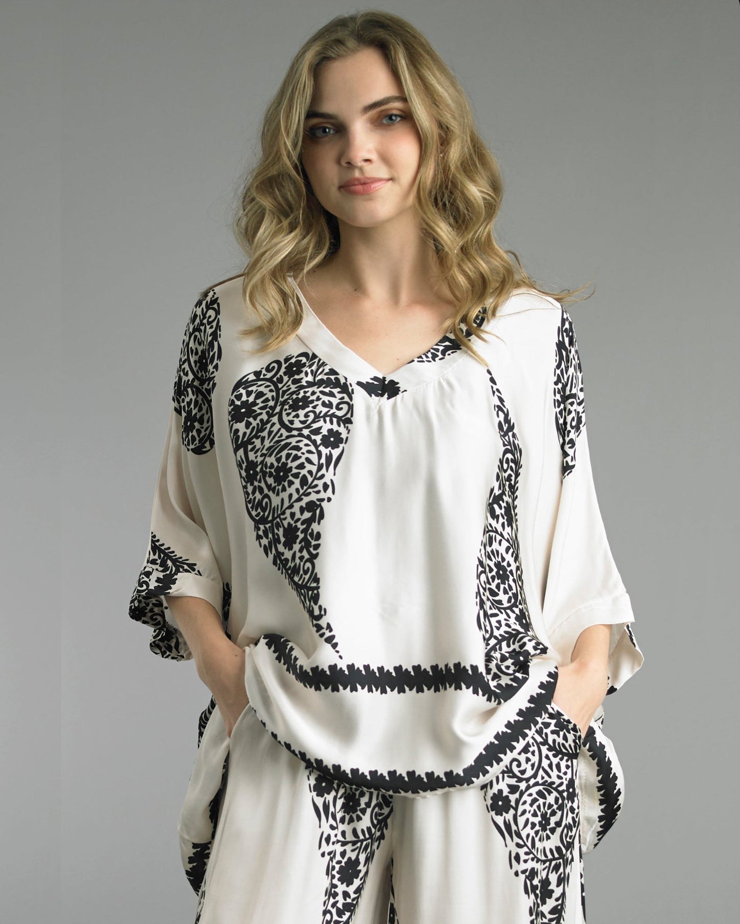 Lounge Set in white with black animal and floral prints, oversized fit, premium viscose fabric