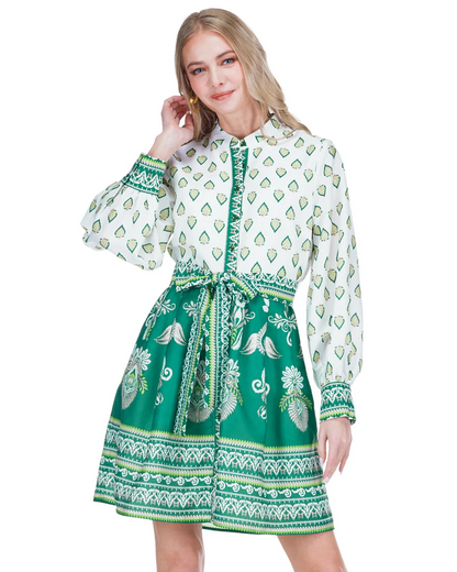 Contrast Button Dress - Fern Garden Border