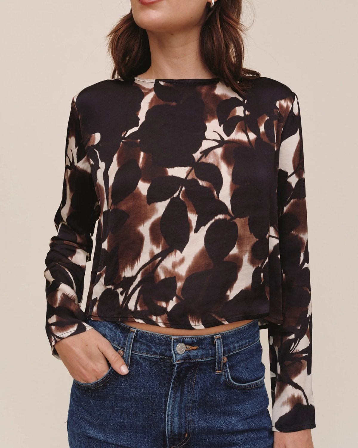 Long Sleeve Button Back Top - Shadow Floral Print