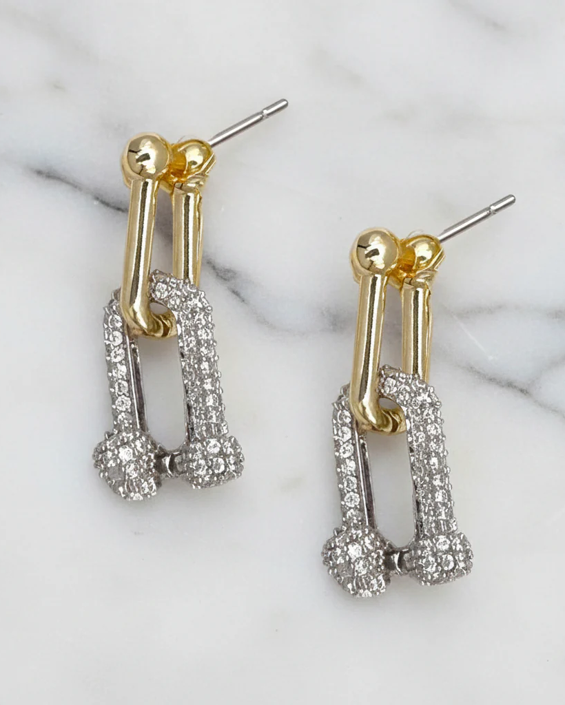 Gold link earrings with silver pavé rectangles and gold stud posts