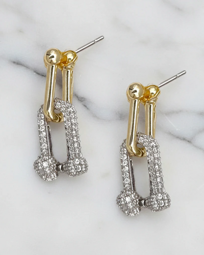 Gold link earrings with silver pavé rectangles and gold stud posts