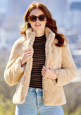 Sand faux-fur zip jacket close-up with zipper pull and stand collar