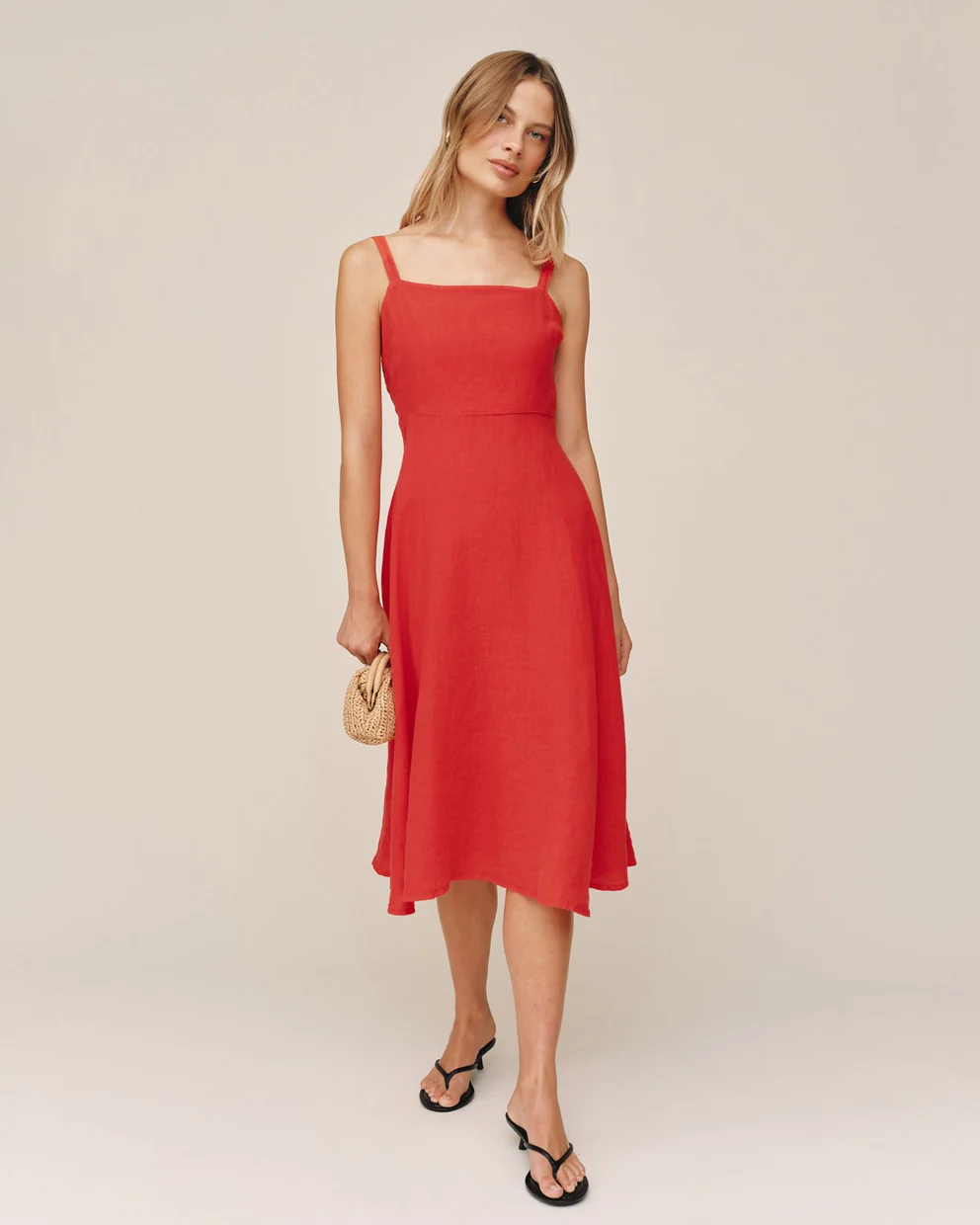 Apron Midi Dress in red with adjustable straps, flared skirt by BELLA DAHL at HCO Fredericksburg
