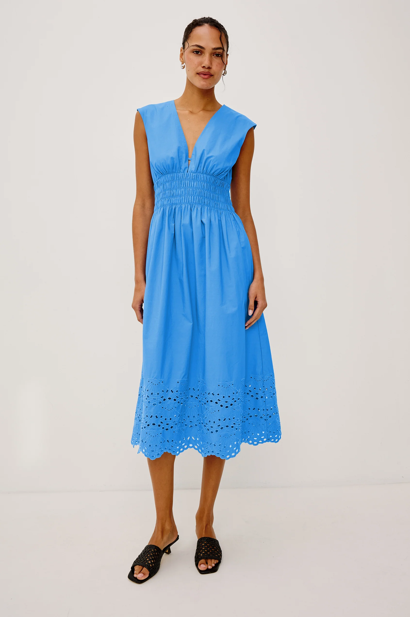 Roxanne - Harbor Blue cotton midi dress with smocked waist and seashell embroidery by RAILS