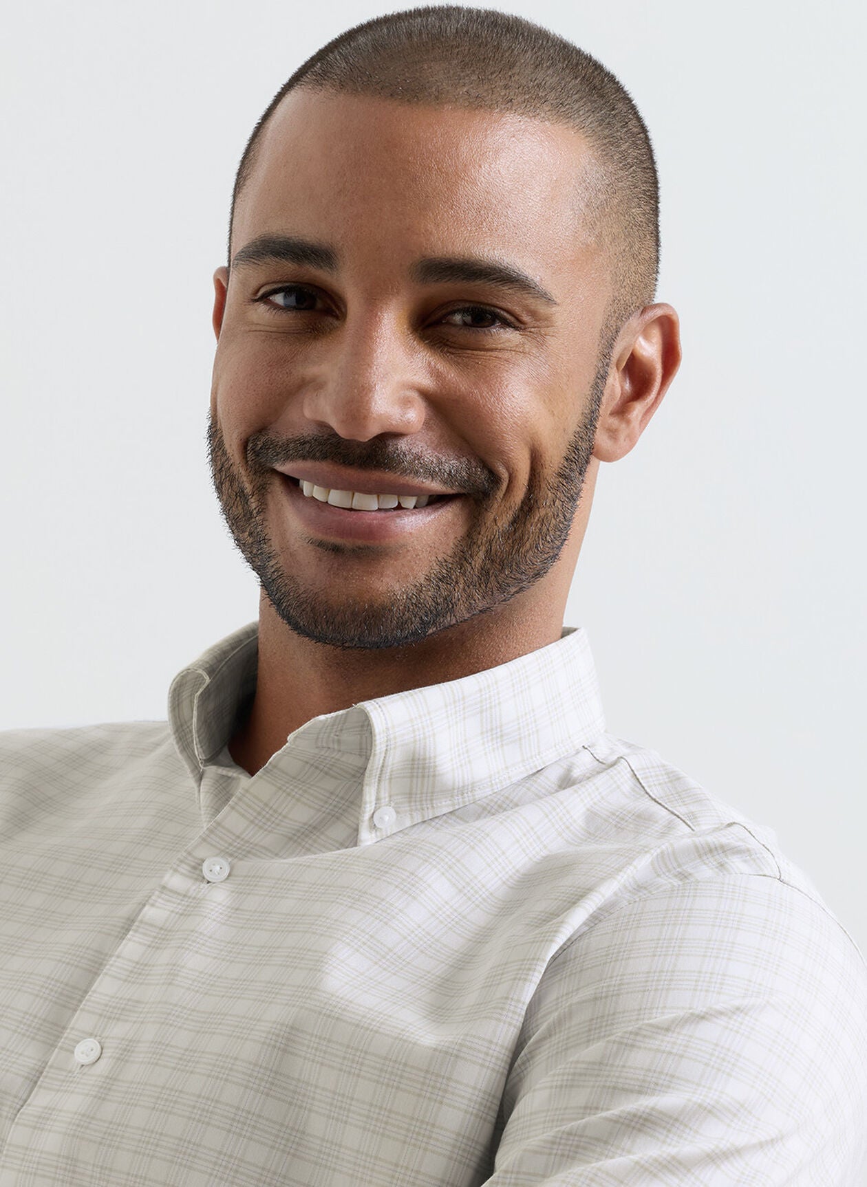 Douglas Crown Lite Cotton-Stretch Sport Shirt in white beige plaid with wrinkle resistant stretch
